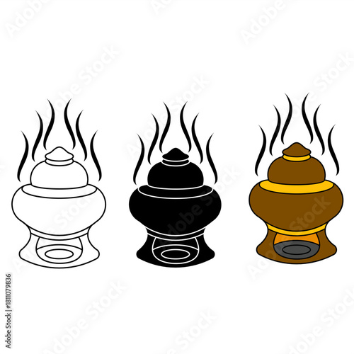 Mabkhara incense burner with rising smoke. Arabic traditional outline icon