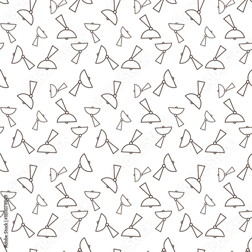 line art pattern of satellite dish with a light yellow, parabolic receiver. It is mounted on a grey, conical base and has small pink spherical accents at the connection points