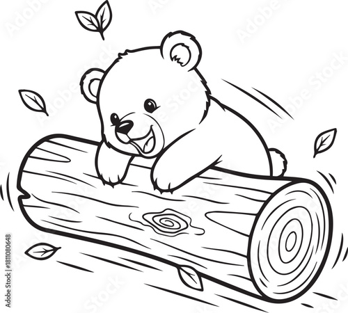 Bear cub on log outline illustration