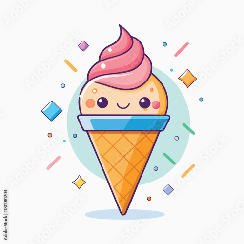 Charming kawaii ice cream cone character with pink swirl and abstract colorful elements on a light background