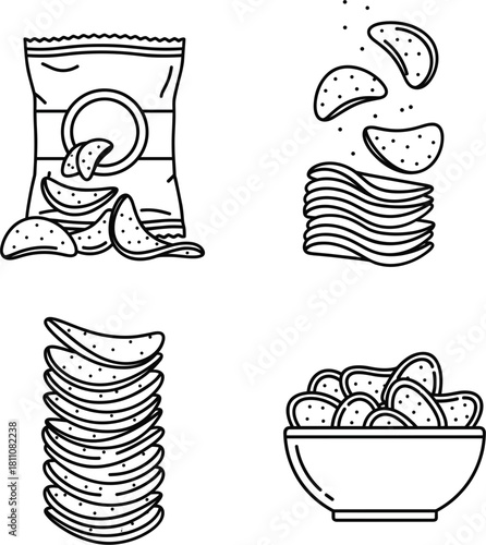 Line art potato chips icons set, snack bag, stacked crisps, bowl of crunchy junk food, isolated vector elements
