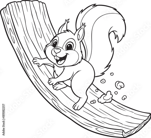 Squirrel sliding down a wooden log outline