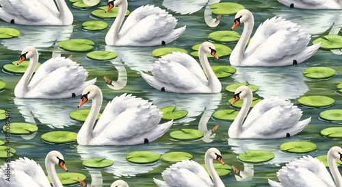 Fototapeta Naklejka Na Ścianę i Meble -  Elegant white swans gracefully glide across a serene pond filled with vibrant green lily pads and their gentle reflections, forming a tranquil natural pattern
