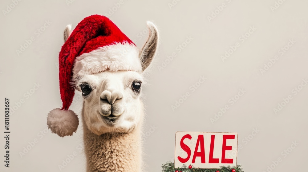 Naklejka premium Llama wearing santa hat with christmas sale sign, copy space