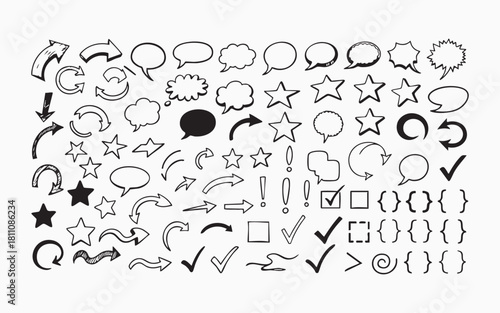 Hand drawn set of doodle vector elements including arrows speech bubbles stars exclamation marks check boxes and curly braces