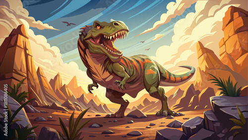 Highly detailed illustration of a Tyrannosaurus rex standing on rocky terrain, jaws open wide, with dust and sunlight creating an epic prehistoric atmosphere