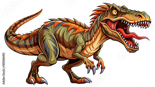 A fierce velociraptor roaring with sharp teeth exposed, detailed scaly skin texture, isolated on white background, prehistoric dinosaur illustration in hyper-realistic style