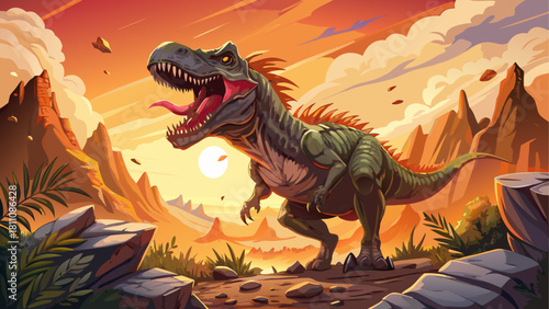 Highly detailed illustration of a Tyrannosaurus rex standing on rocky terrain, jaws open wide, with dust and sunlight creating an epic prehistoric atmosphere
