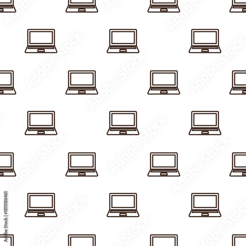 line art of laptop with a blue body, a dark gray keyboard area, and a light gray screen, all outlined in dark brown