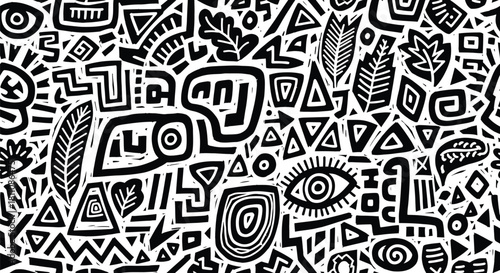 Perfectly seamless pattern, vector repeated abstract african texture. Tribal shapes background, black and white monochrome wallpaper