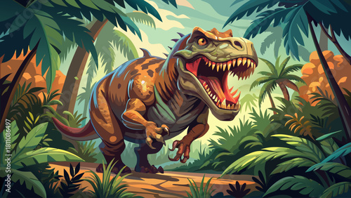 A fierce Tyrannosaurus rex roaring powerfully in a prehistoric jungle, showcasing sharp teeth, muscular body, and dramatic natural lighting