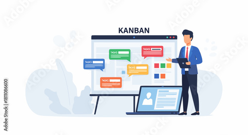 Agile Kanban board presentation by manager for team task management and workflow, modern collaboration for sprint planning and project success