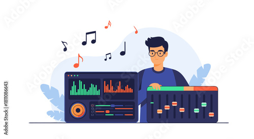 Creative music producer mixing tracks in a digital audio workstation, creating vibrant sounds and rhythms for upbeat songs and professional studio recordings