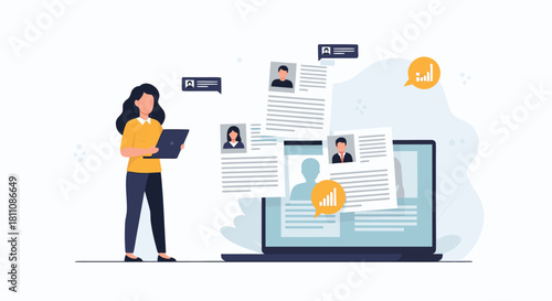 Recruiting manager reviewing candidate profiles on laptop, hiring process streamlined, talent acquisition, modern HR solutions, professional employment opportunity