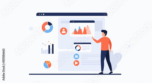 Modern business analytics dashboard showcasing data insights with charts, graphs, and a person interacting with the interface, perfect for presentations