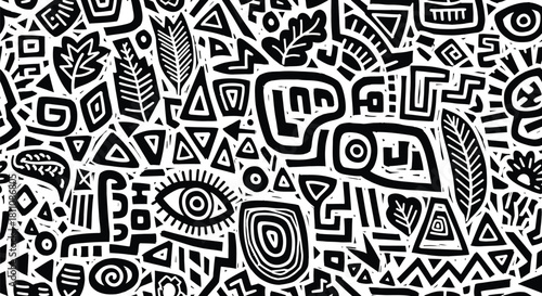 Perfectly seamless pattern, vector repeated abstract african texture. Tribal shapes background, black and white monochrome wallpaper