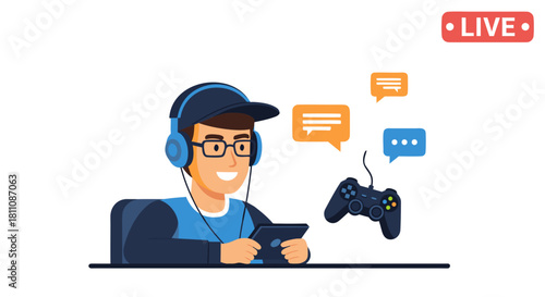 Excited gamer streaming live with controller and headset, offering engaging entertainment in a modern digital world, connecting with fans and building community