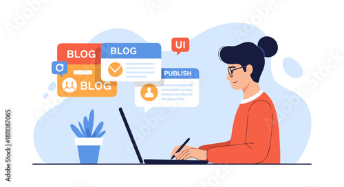 Modern woman creating online blog content on laptop, perfect for digital marketing, social media, and content creation projects to engage your audience