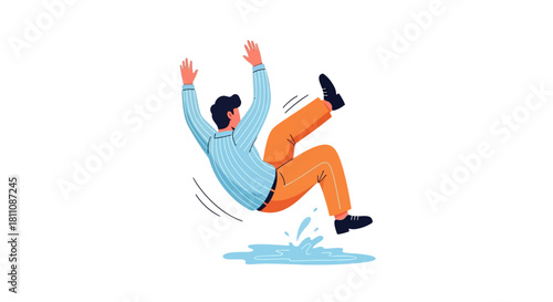 Flat Vector Person Slipping on Puddle - Accident and Safety Hazard Illustration