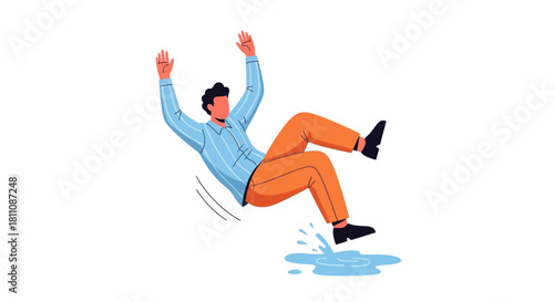 Flat Vector Person Slipping on Puddle - Accident and Safety Hazard Illustration