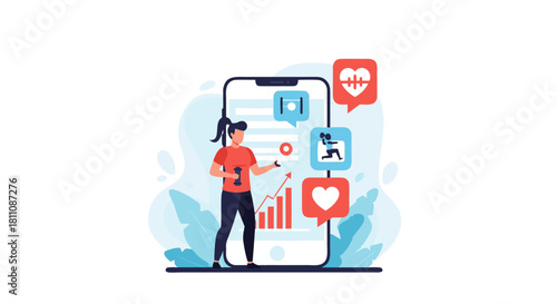 Modern fitness app concept showing active lifestyle and health tracking, perfect for digital health and wellness campaigns, originally a scalable vector graphic.