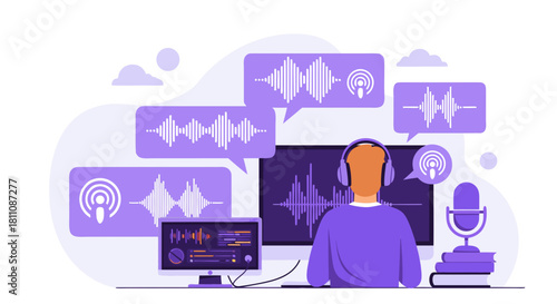 Engaging podcast creator visualizing audio waves, broadcasting live, sharing ideas, modern studio setup, recording session, digital audio editing, content creation