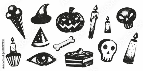 Hand drawn halloween elements in black and white ink style