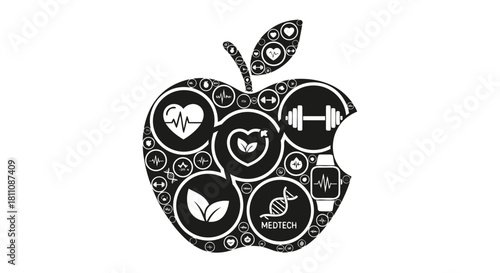Medtech apple design promoting health and fitness with genetic engineering, heart health, exercise, healthy lifestyle and wellness concept, originally vector graphics