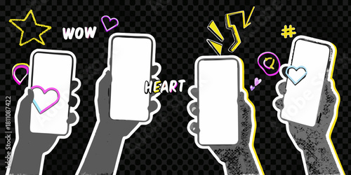 Social media engagement with mobile phones and colorful graphic elements