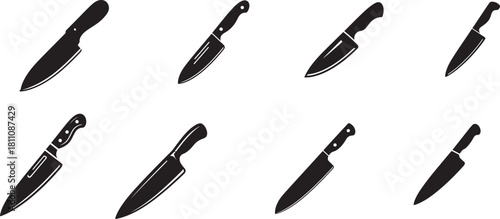 Collection of eight hand drawn black kitchen knives on a white background
