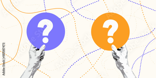 Conceptual illustration of uncertainty with question marks and abstract background