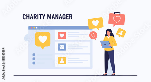 Empathetic charity manager connecting with donors online, fostering community engagement and support through digital platforms for a worthy cause