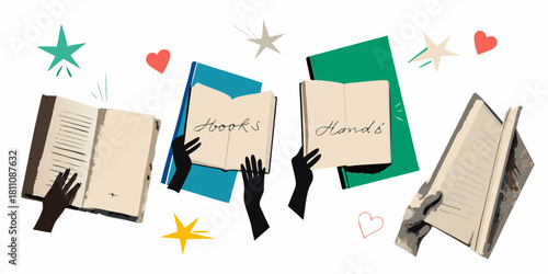 Books and hands illustration with stars and hearts on white background