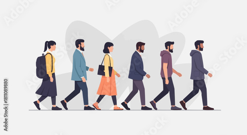 A diverse group of young people walking in a single file line.