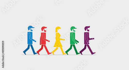 Diverse group of people walking in a line.