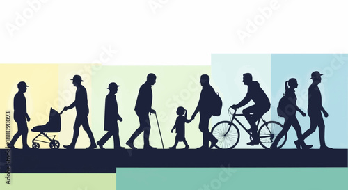 Silhouettes of a diverse group of people walking and cycling.