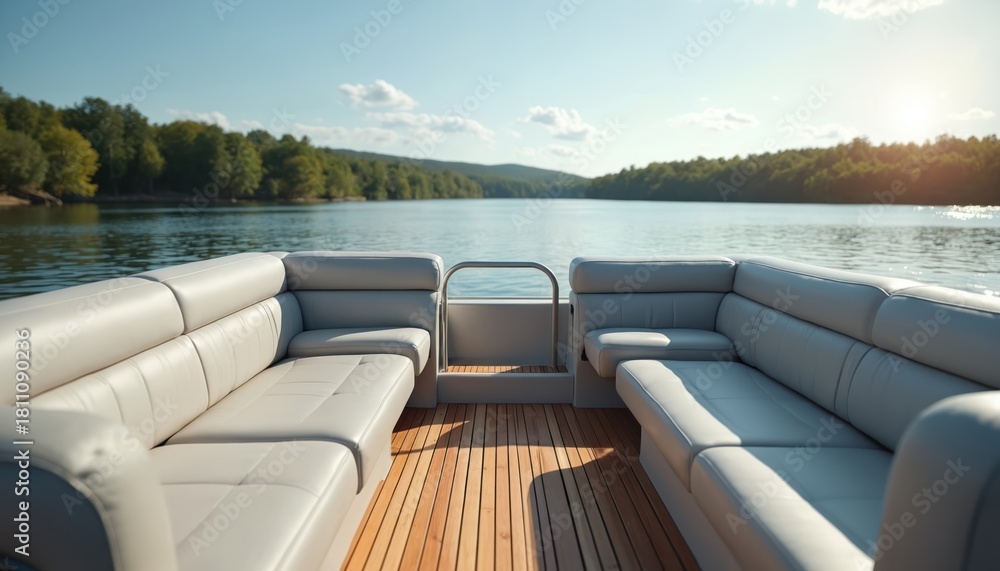 Fototapeta premium View from comfy sofa on modern pontoon boat cruising calm lake water near forest shore. Relaxing trip on sunny day with blue sky, clouds, peaceful nature landscape.