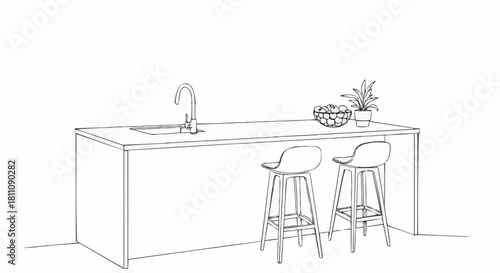 Modern Kitchen Island with Bar Stools and Sink Line Art.