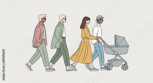 Diverse group of young people walking together with a baby stroller.