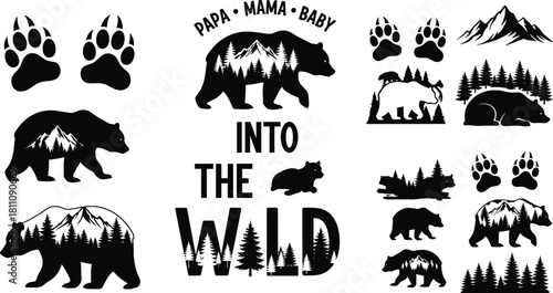 Bear silhouettes with double exposure forest landscape, into the wild typography, paw prints and mountains vector set