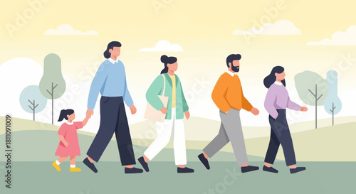 Family Walking Together in a Park Illustration.