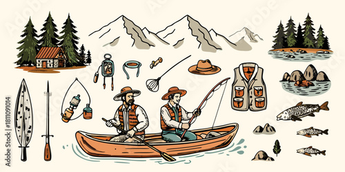 Vintage style illustration of two men fishing in a canoe