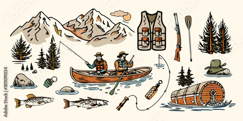 Vintage style illustration of a fishing trip in the mountains