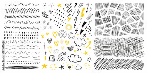 Hand drawn doodle elements lines shapes stars hearts clouds and abstract textures