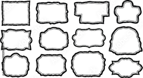 Wavy edge shapes frame box vector illustration isolated on white. Squiggle curve doodle rectangle and oval sketch.