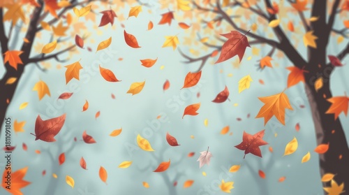 Autumn Leaves Falling: A vibrant depiction of autumn, where leaves of orange and gold cascade from trees against a soft, misty background, evoking the season's gentle beauty.