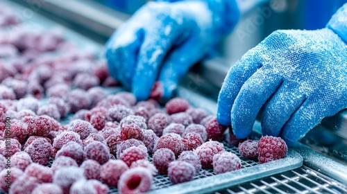A frozen food factory's interior is where fruits are frozen and then packaged, and a worker, wearing protective blue gloves, is seen sorting frozen raspberries on the production line