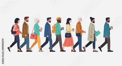 Diverse group of people walking together in a line.