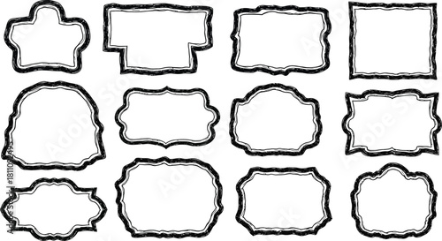 Wavy edge shapes frame box vector illustration isolated on white. Squiggle curve doodle rectangle and oval sketch.