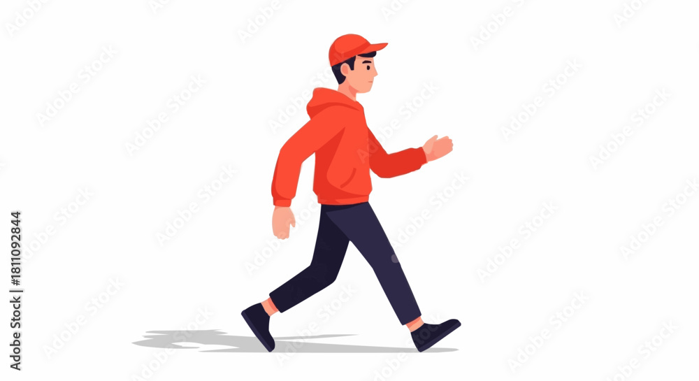 Obraz premium Man in red hoodie and cap walking forward with determination.